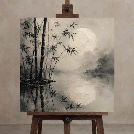 Moonlit Bamboo Reflection Ink Wash Wall Art Canvas Print displayed on a studio easel