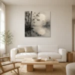 Moonlit Bamboo Reflection Ink Wash Wall Art Canvas Print styled in a refined neutral interior