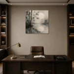Moonlit Bamboo Reflection Ink Wash Wall Art Canvas Print displayed in a contemporary gallery-inspired room