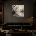 Moonlit Bamboo Reflection Ink Wash Wall Art Canvas Print shown in a warm modern interior
