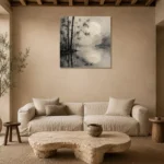 Moonlit Bamboo Reflection Ink Wash Wall Art Canvas Print presented in a sophisticated home setting