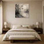 Moonlit Bamboo Reflection Ink Wash Wall Art Canvas Print showcased in an elegant minimalist interior