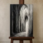 Gothic Stone Arches Monochrome Wall Art Canvas Print displayed on a studio easel