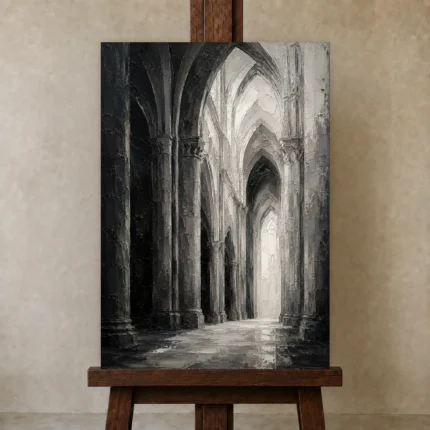 Gothic Stone Arches Monochrome Wall Art Canvas Print shown in Studio Easel