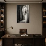Gothic Stone Arches Monochrome Wall Art Canvas Print displayed in a contemporary gallery-inspired room