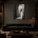 Gothic Stone Arches Monochrome Wall Art Canvas Print shown in a warm modern interior