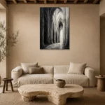 Gothic Stone Arches Monochrome Wall Art Canvas Print presented in a sophisticated home setting