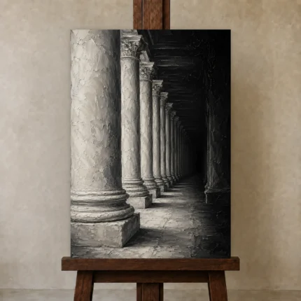 Atmospheric Stone Columns Monochrome Wall Art Canvas Print shown in Studio Easel
