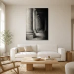Atmospheric Stone Columns Monochrome Wall Art Canvas Print styled in a refined neutral interior