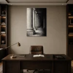Atmospheric Stone Columns Monochrome Wall Art Canvas Print displayed in a contemporary gallery-inspired room