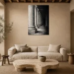 Atmospheric Stone Columns Monochrome Wall Art Canvas Print presented in a sophisticated home setting