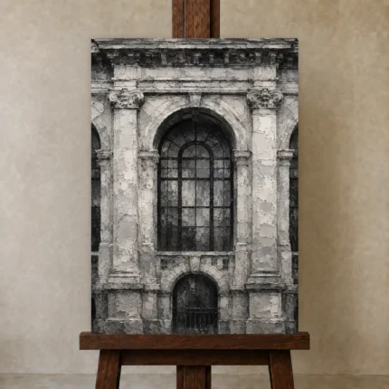 Historic Facade Monochrome Wall Art Canvas Print shown in Studio Easel
