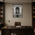 Historic Facade Monochrome Wall Art Canvas Print displayed in a contemporary gallery-inspired room
