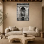 Historic Facade Monochrome Wall Art Canvas Print presented in a sophisticated home setting