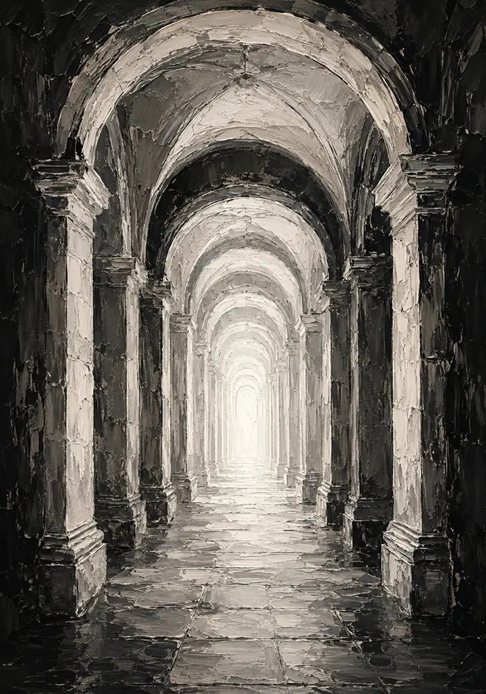 Luminous Vaulted Corridor Monochrome Wall Art Canvas Print