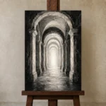 Luminous Vaulted Corridor Monochrome Wall Art Canvas Print displayed on a studio easel