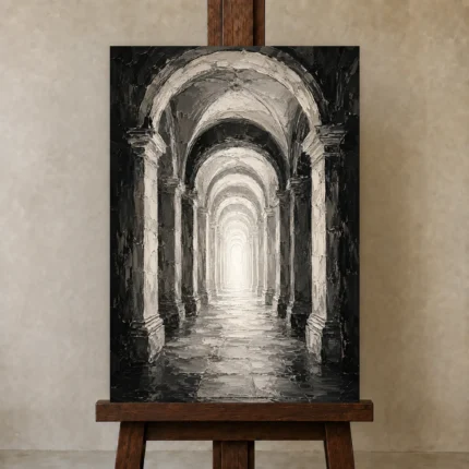 Luminous Vaulted Corridor Monochrome Wall Art Canvas Print shown in Studio Easel