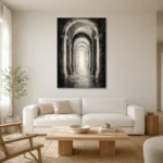 Luminous Vaulted Corridor Monochrome Wall Art Canvas Print styled in a refined neutral interior