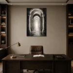 Luminous Vaulted Corridor Monochrome Wall Art Canvas Print displayed in a contemporary gallery-inspired room