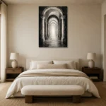 Luminous Vaulted Corridor Monochrome Wall Art Canvas Print showcased in an elegant minimalist interior