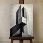 Geometric Concrete Tower Monochrome Wall Art Canvas Print displayed on a studio easel
