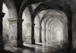 Atmospheric Stone Arches Monochrome Wall Art Canvas Print