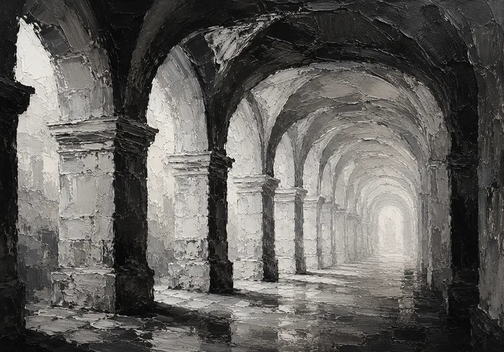 Atmospheric Stone Arches Monochrome Wall Art Canvas Print