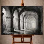 Atmospheric Monochrome Wall Art print featuring receding stone arches and dramatic chiaroscuro for elegant interiors