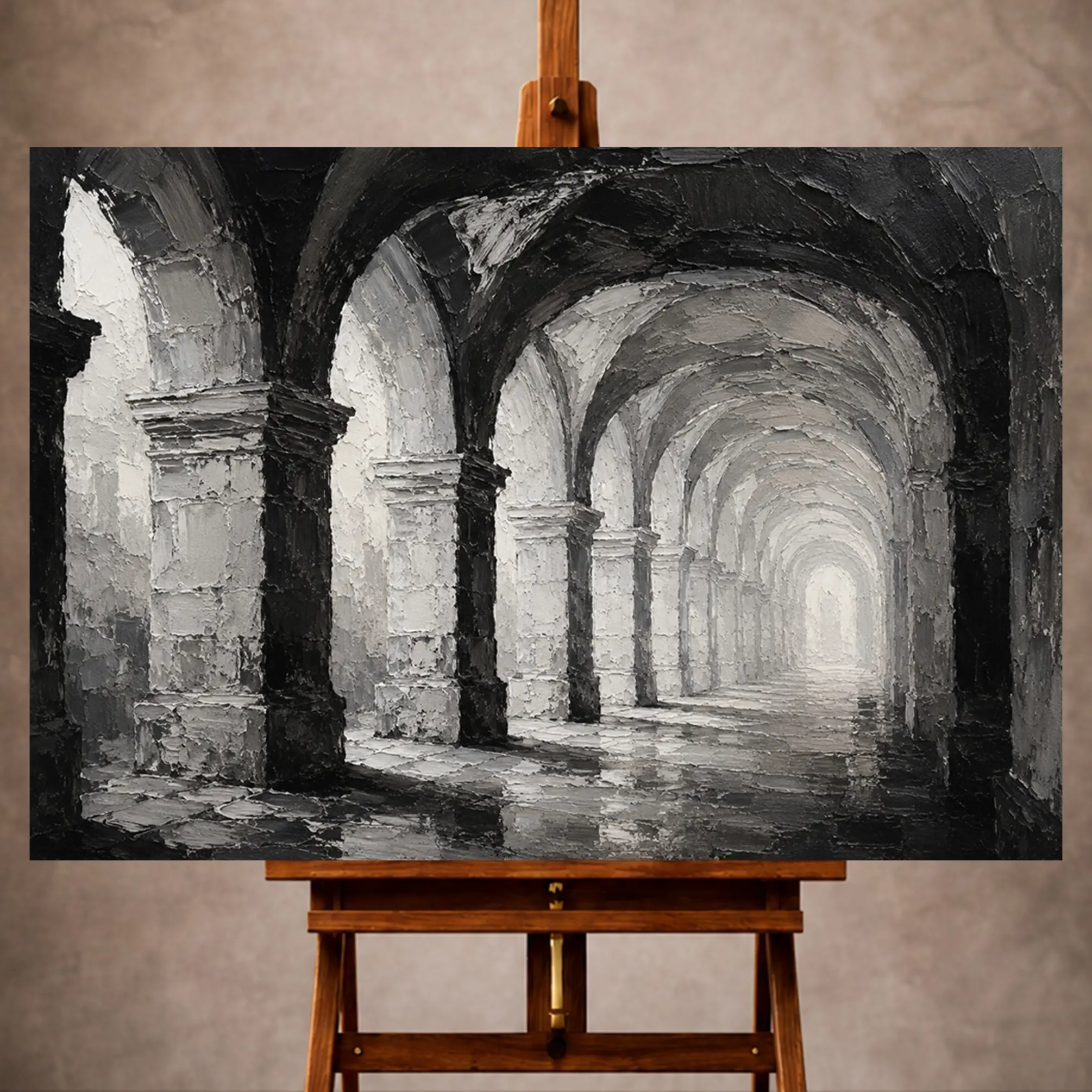 Premium Wall Art Yatay Html Edition – Monocrome071 Image 1 Atmospheric Monochrome Wall Art print featuring receding stone arches and dramatic chiaroscuro for elegant interiors