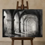 Atmospheric Stone Arches Monochrome Wall Art Canvas Print displayed on a studio easel