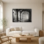 Atmospheric Stone Arches Monochrome Wall Art Canvas Print styled in a refined neutral interior