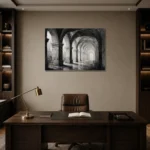 Atmospheric Stone Arches Monochrome Wall Art Canvas Print displayed in a contemporary gallery-inspired room