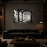 Atmospheric Stone Arches Monochrome Wall Art Canvas Print shown in a warm modern interior