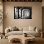 Atmospheric Stone Arches Monochrome Wall Art Canvas Print presented in a sophisticated home setting