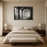 Atmospheric Stone Arches Monochrome Wall Art Canvas Print showcased in an elegant minimalist interior