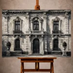Elegant Monochrome Wall Art print featuring a European stone façade with symmetrical windows and ornamental cornices