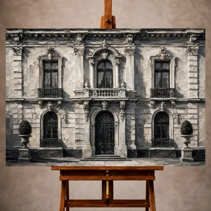 Elegant Monochrome Wall Art print featuring a European stone façade with symmetrical windows and ornamental cornices