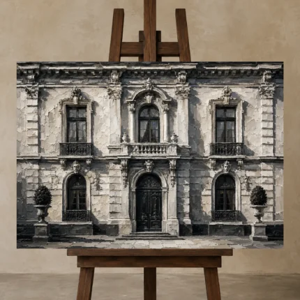 European Stone Facade Monochrome Wall Art Canvas Print shown in Studio Easel
