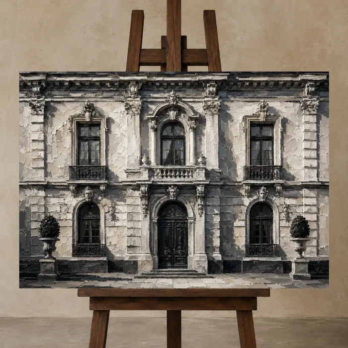 European Stone Facade Monochrome Wall Art Canvas Print displayed on a studio easel