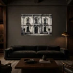 European Stone Facade Monochrome Wall Art Canvas Print shown in a warm modern interior