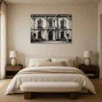 European Stone Facade Monochrome Wall Art Canvas Print showcased in an elegant minimalist interior