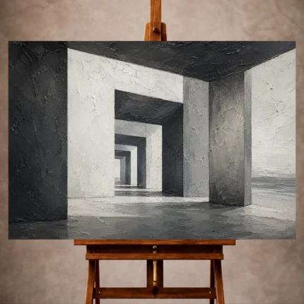 Dramatic Monochrome Wall Art print featuring a minimalist concrete corridor with monumental openings for elegant interiors