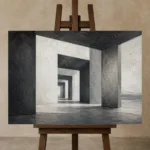 Dramatic Concrete Corridor Monochrome Wall Art Canvas Print displayed on a studio easel