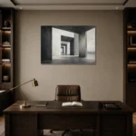 Dramatic Concrete Corridor Monochrome Wall Art Canvas Print displayed in a contemporary gallery-inspired room
