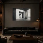 Dramatic Concrete Corridor Monochrome Wall Art Canvas Print shown in a warm modern interior
