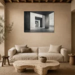 Dramatic Concrete Corridor Monochrome Wall Art Canvas Print presented in a sophisticated home setting