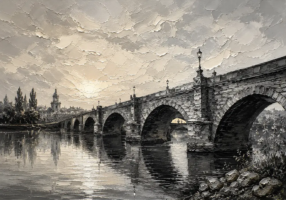 Luminous Historic Bridge Monochrome Wall Art Canvas Print