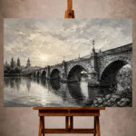 Luminous Monochrome Wall Art print featuring a historic stone bridge over reflective water for elegant interiors