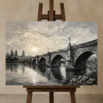 Luminous Historic Bridge Monochrome Wall Art Canvas Print displayed on a studio easel