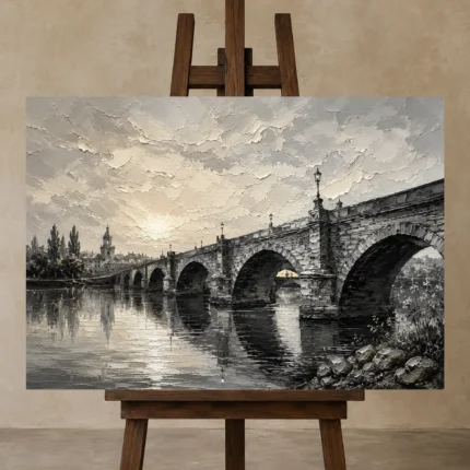 Luminous Historic Bridge Monochrome Wall Art Canvas Print displayed on a studio easel